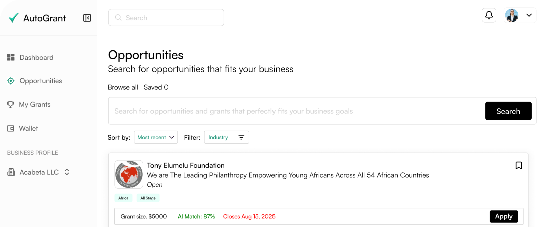 Grant programs list interface